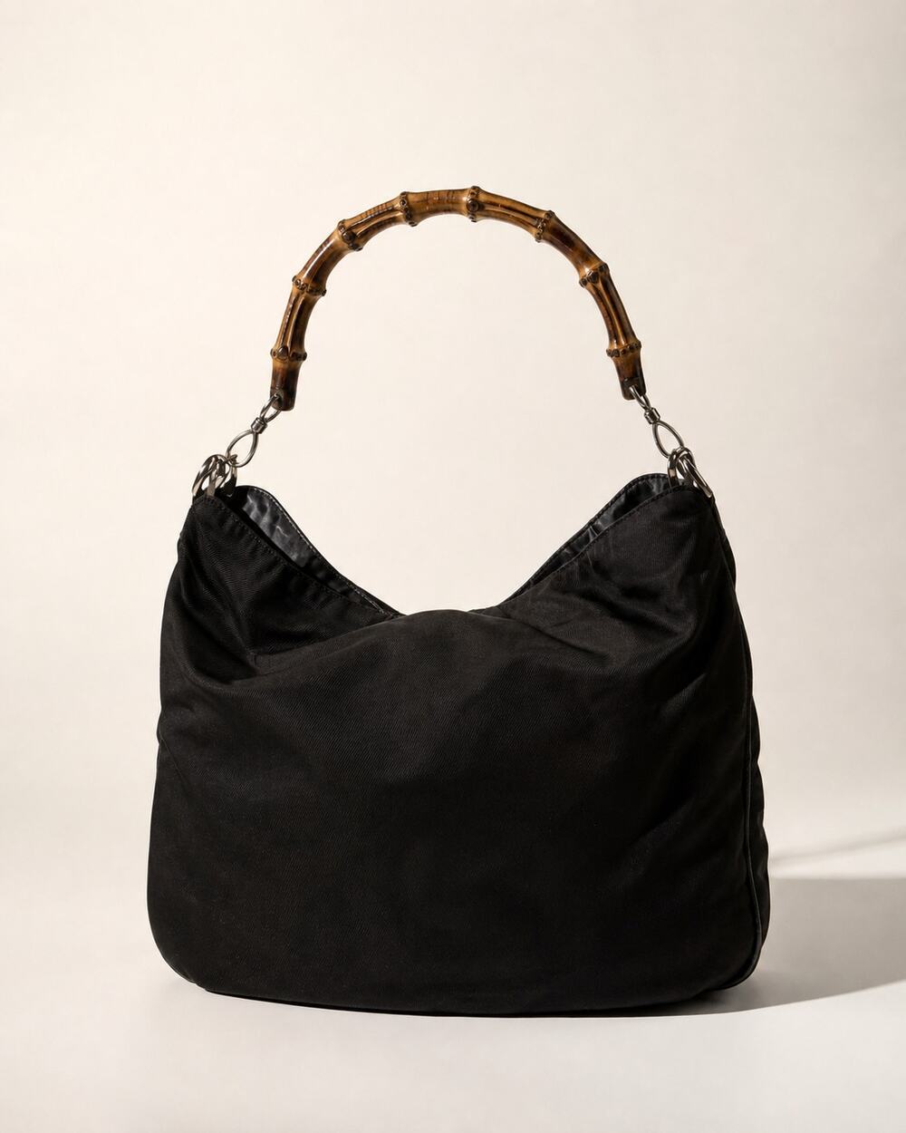 Gucci Black Nylon Bamboo Top Handle Bag Logo Jacquard Lining